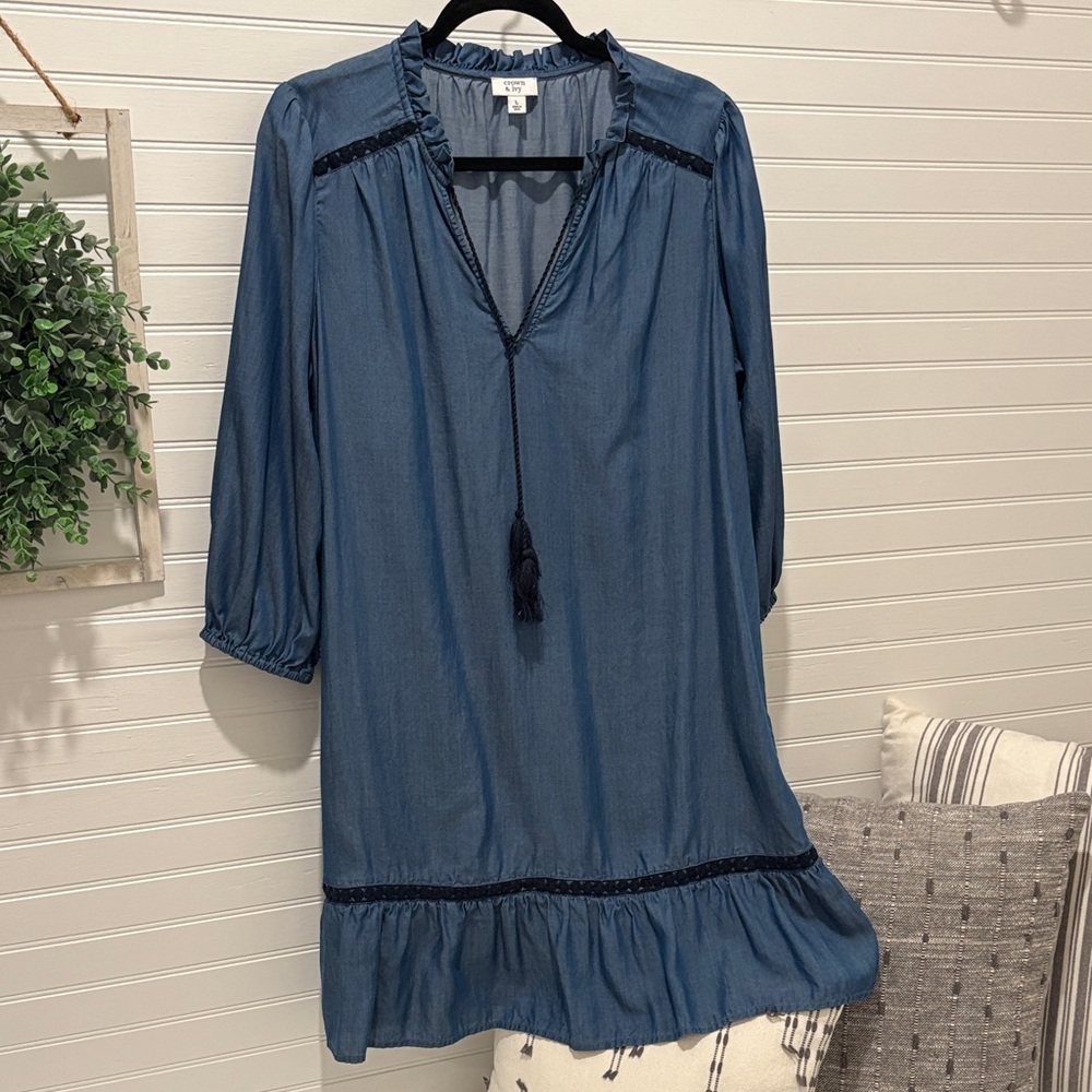 Crown & Ivy Chambray V-Neck Top with Ruffle Trim - Picture 1 of 5